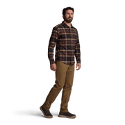 Lightweight flannel shirt in burgundy plaid, worn with tan pants, front and side