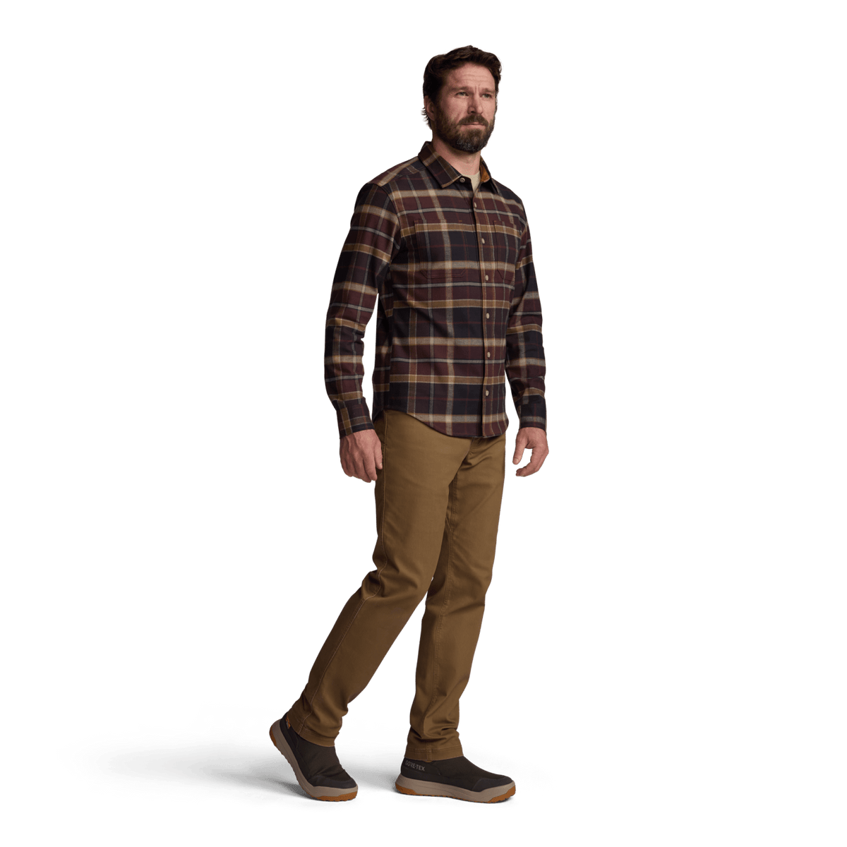 Lightweight flannel shirt in burgundy plaid, worn with tan pants, front and side