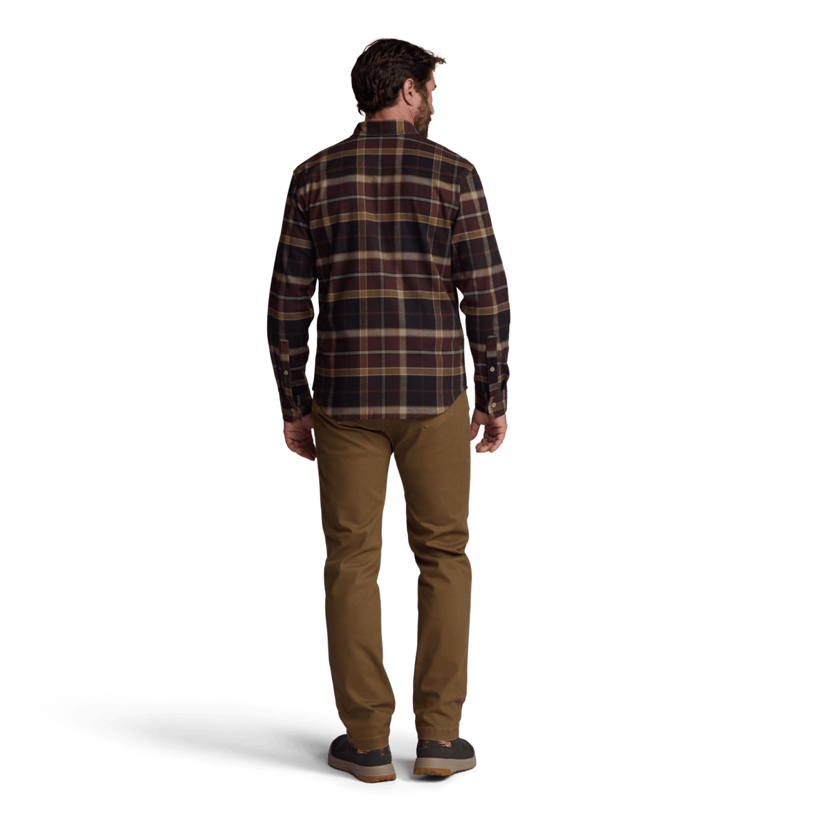 Lightweight plaid flannel shirt shown from the back, long sleeves
