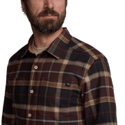 Plaid flannel shirt close-up with button front and chest pocket detail
