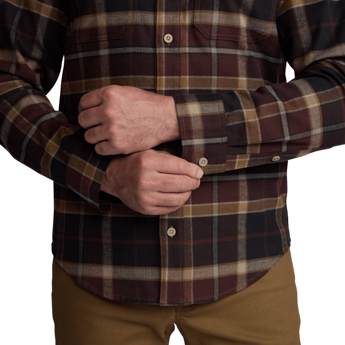 Plaid flannel shirt close-up of button placket and cuffs