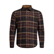 Lightweight flannel shirt in burgundy plaid, front view with chest pocket and buttons