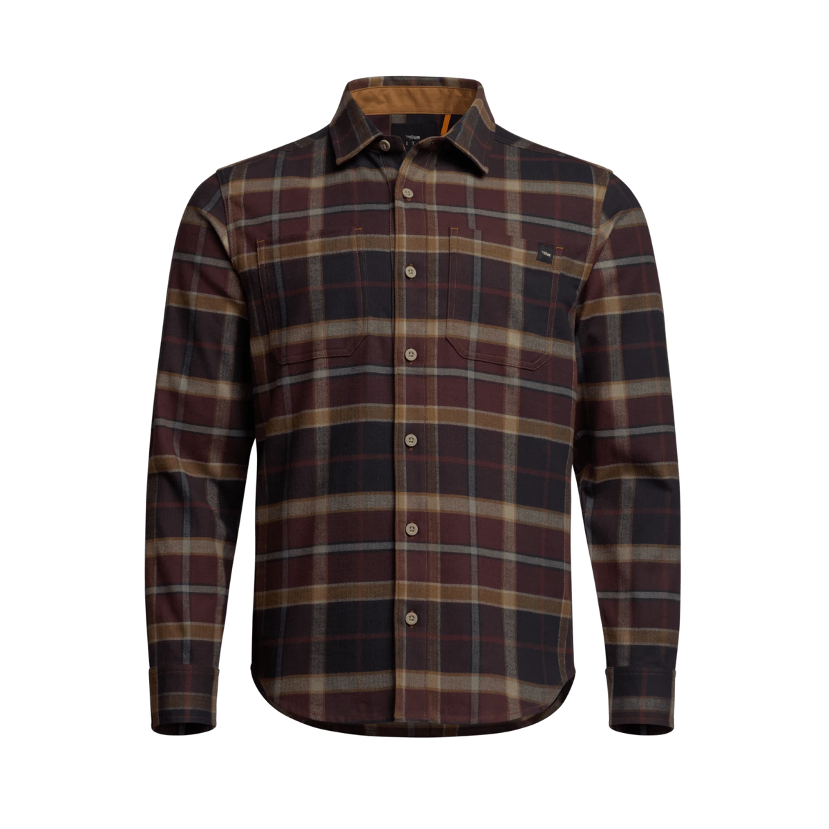 Lightweight flannel shirt in burgundy plaid, front view with chest pocket and buttons