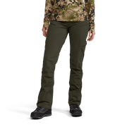 Women’s Ascent pant in deep olive green with cargo pockets and ankle taper