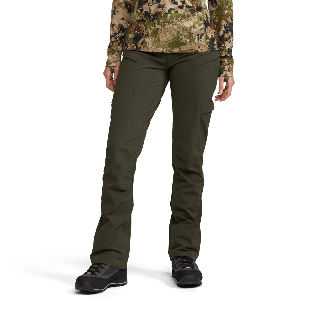 Women’s Ascent pant in deep olive green with cargo pockets and ankle taper
