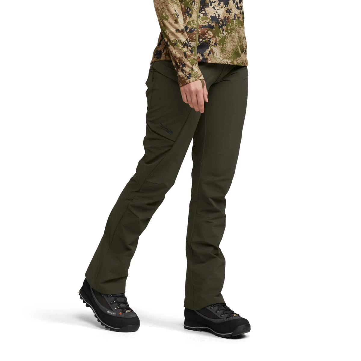 Dark olive tactical pants with side cargo pockets, worn with trail shoes