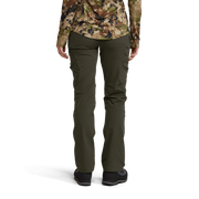 Solid dark green hiking pants shown standing with cuffed hems and cargo pocket panels