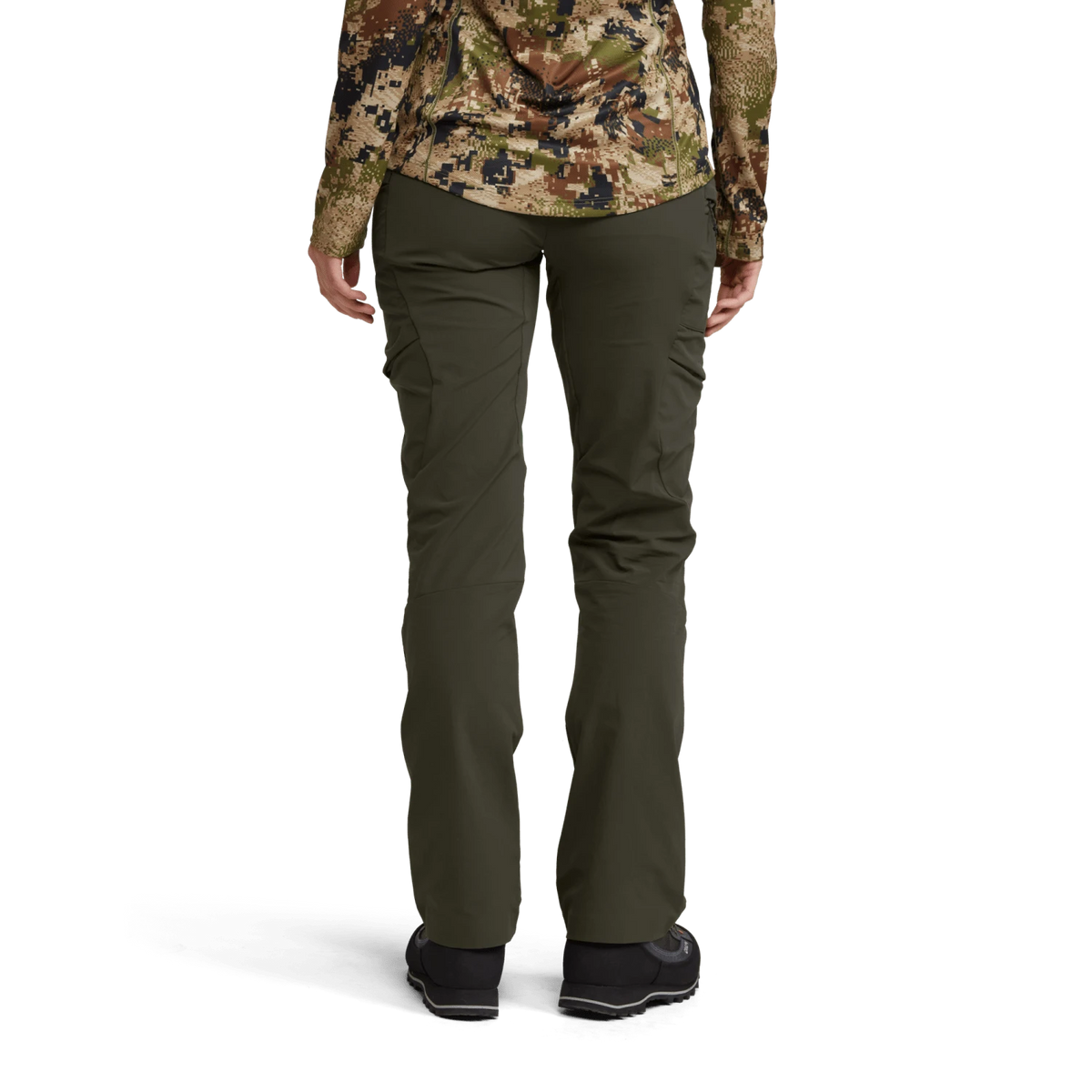 Solid dark green hiking pants shown standing with cuffed hems and cargo pocket panels