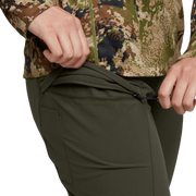 Dark olive ascent pants close-up of waistband and zippered pocket