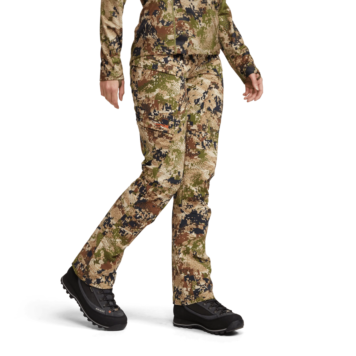Camouflage ascent pants worn with trail shoes, full-length leg coverage