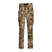Camo hiking pants with straight legs and utility cargo pockets, full-length front view
