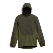 Outdoor hoodie with hood and full front zipper; olive-green solid design and cuffs