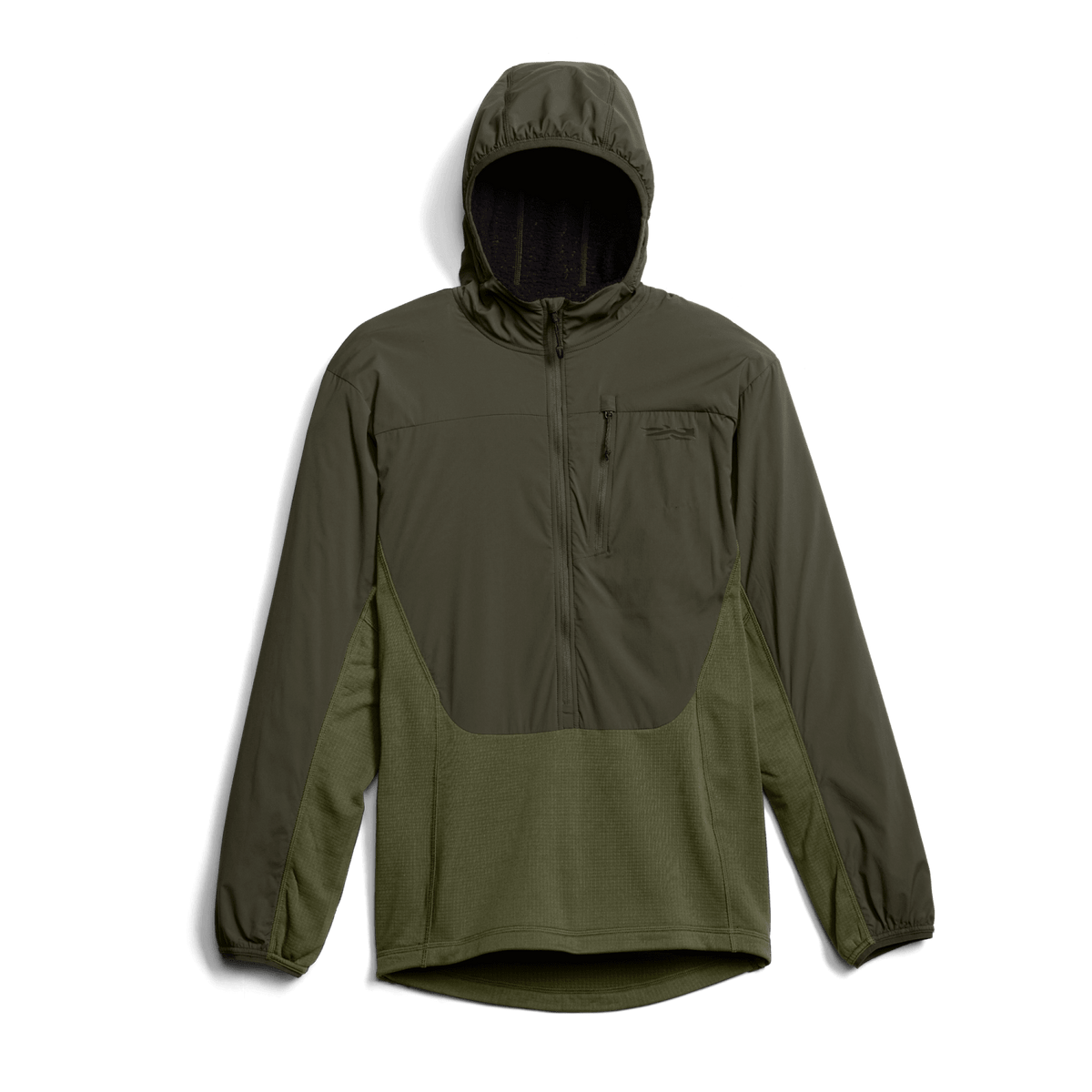 Outdoor hoodie with hood and full front zipper; olive-green solid design and cuffs