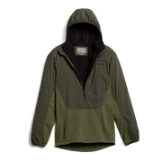 Two-tone olive hoodie with hood, full-length zipper, and contrast pocket panel
