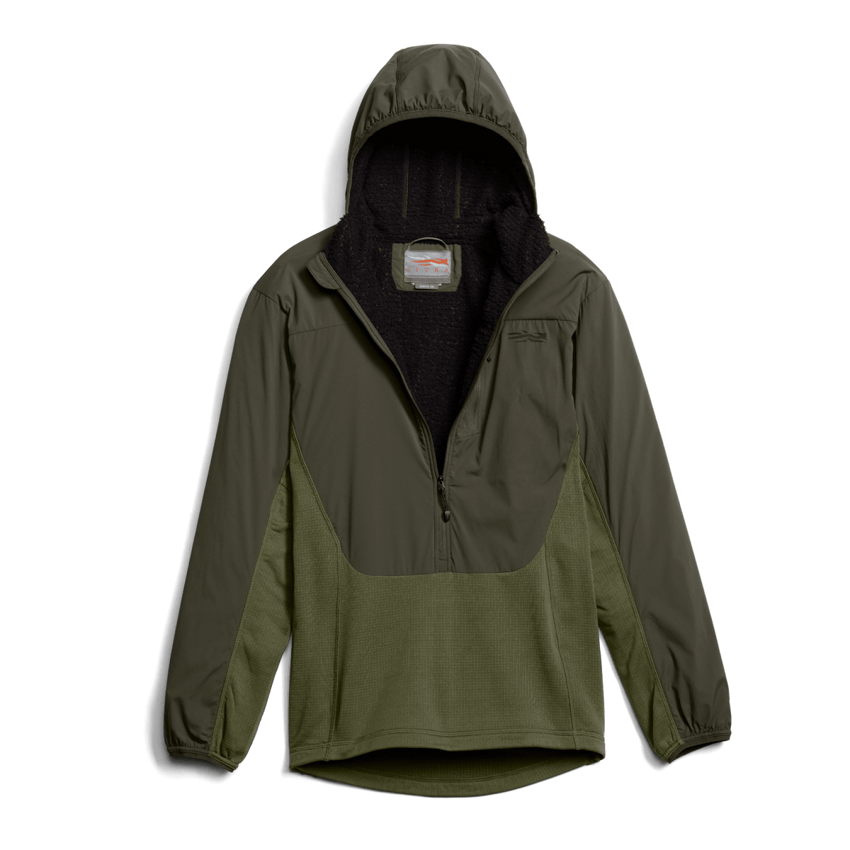 Two-tone olive hoodie with hood, full-length zipper, and contrast pocket panel