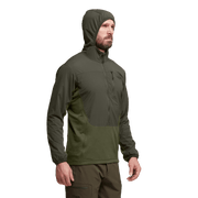 Solid green hooded half-zip hoodie with kangaroo pocket and thumbholes