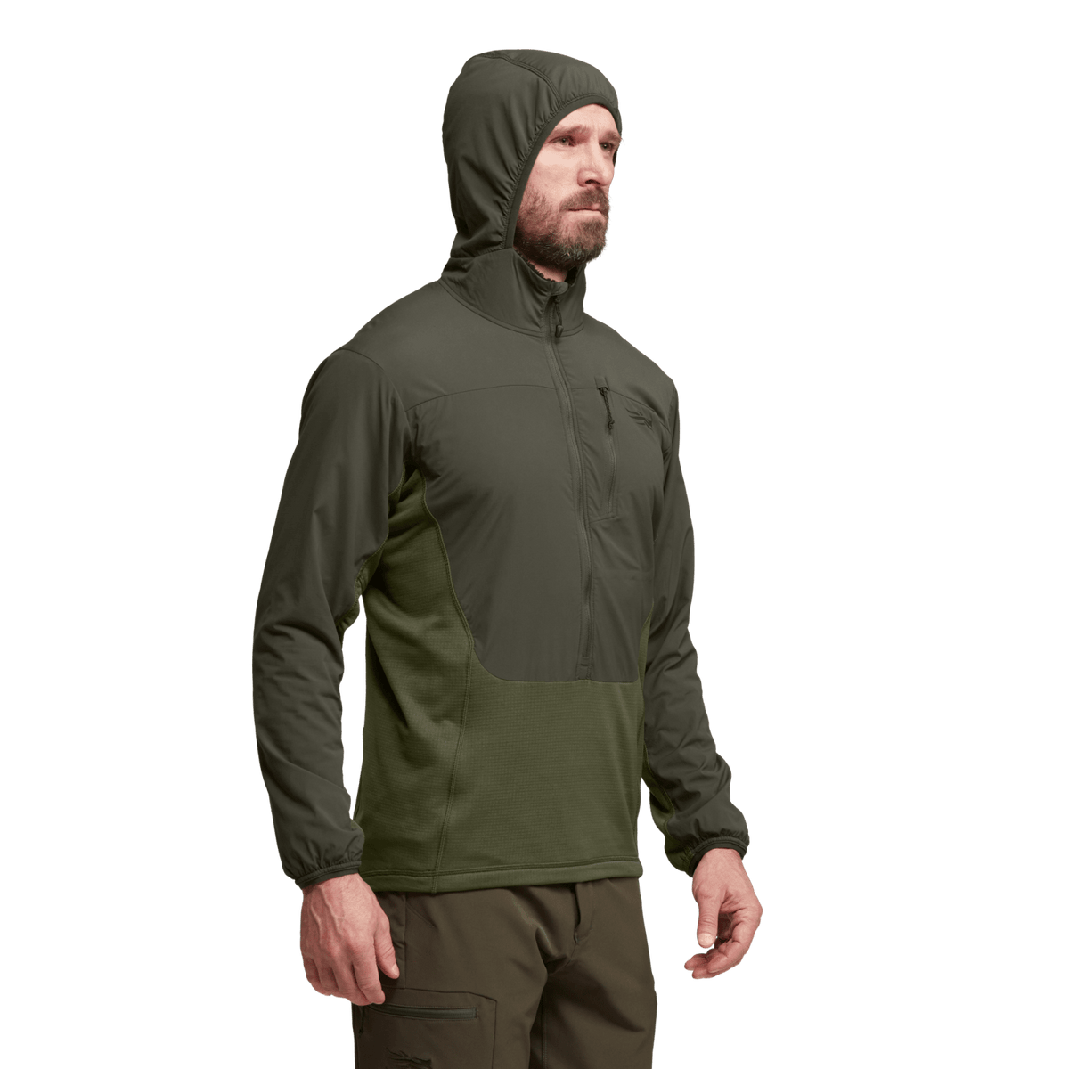 Solid green hooded half-zip hoodie with kangaroo pocket and thumbholes