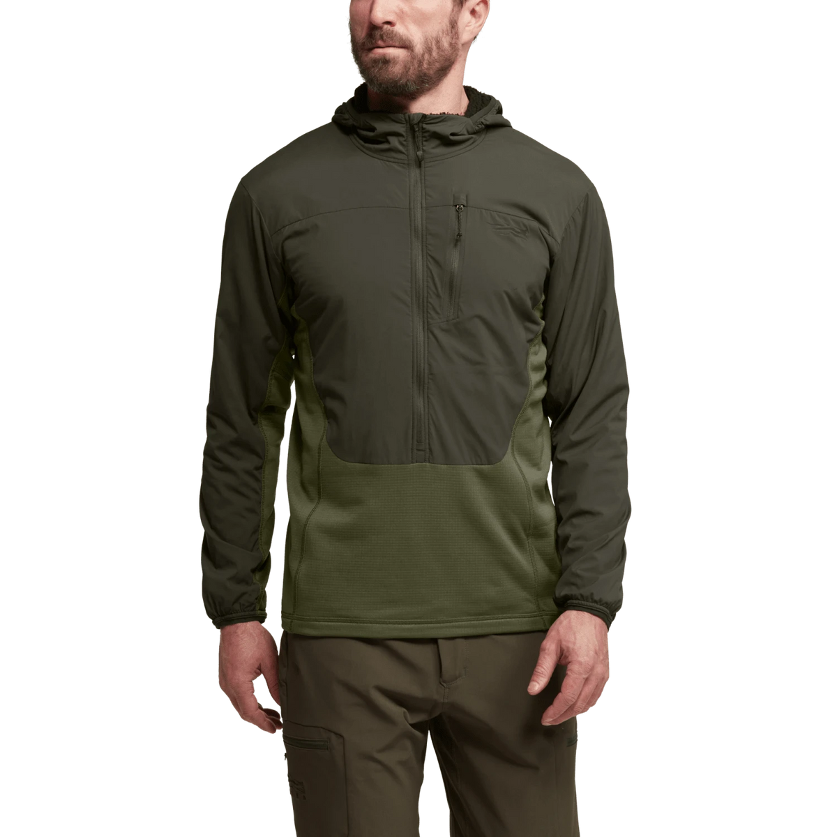 Ambient 75 hoodie in dark olive, full-zip jacket with hood and front zip pocket panel