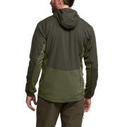 Back view of camo/olive hoodie with hood and full zipper; fitted athletic cut