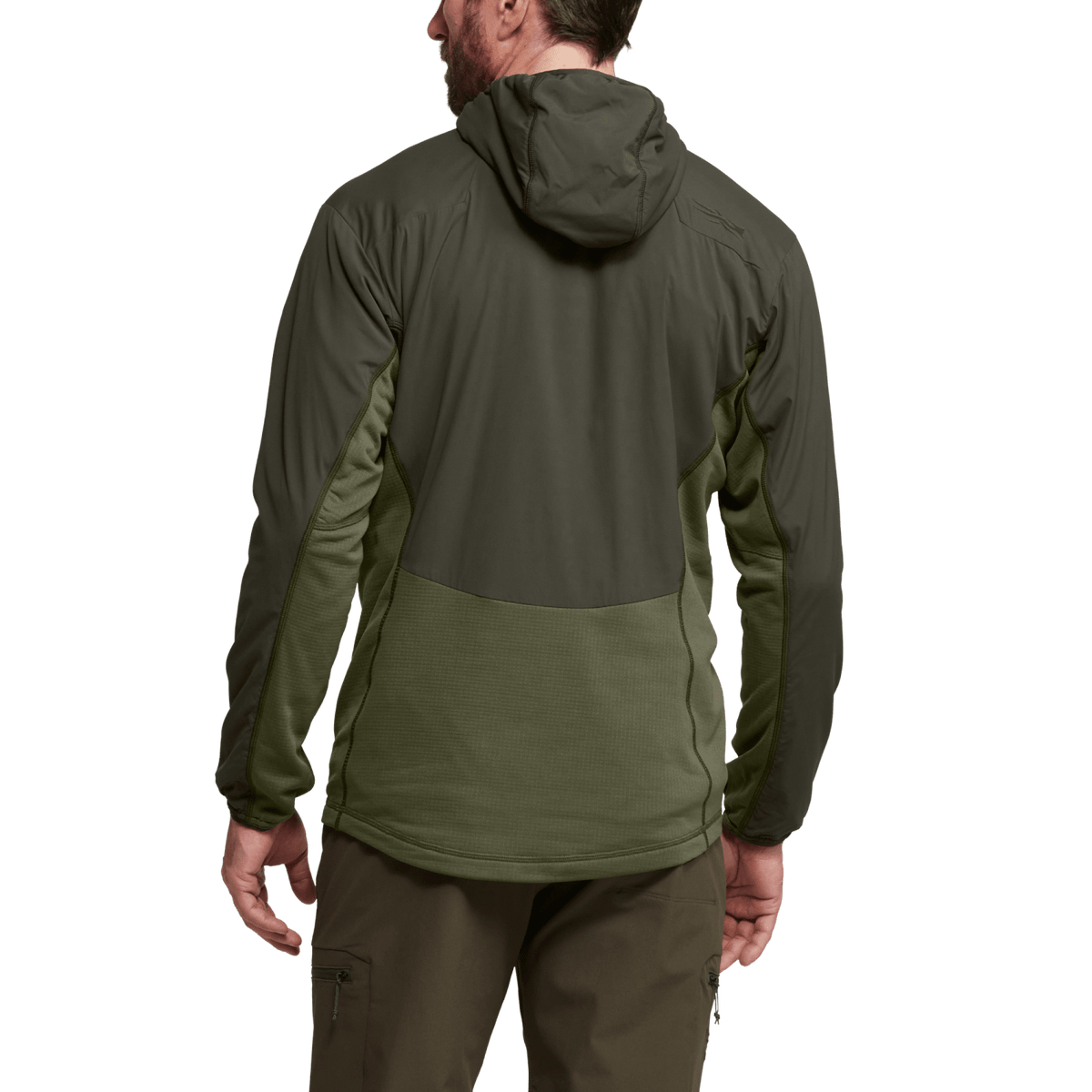 Back view of camo/olive hoodie with hood and full zipper; fitted athletic cut