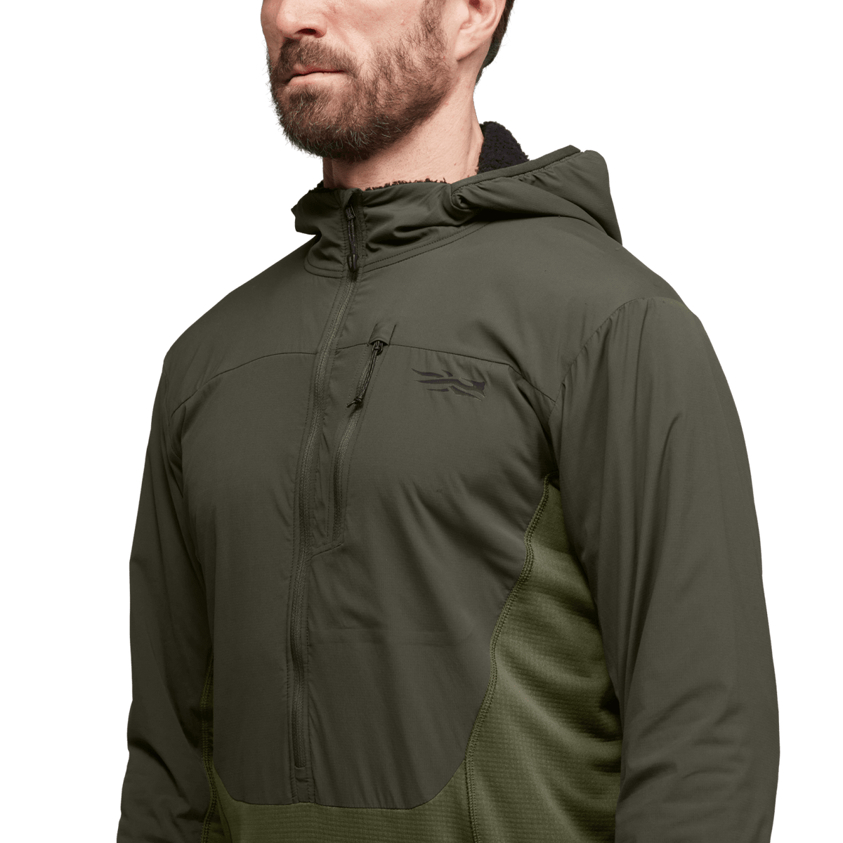 Dark olive full-zip hoodie with hood, front seam detailing and chest pocket panel