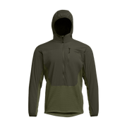 Two-tone hooded half-zip hoodie in olive and dark gray with chest pocket flaps