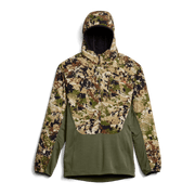Camo and olive two-tone hoodie with hood, full-zip, and front pocket panel