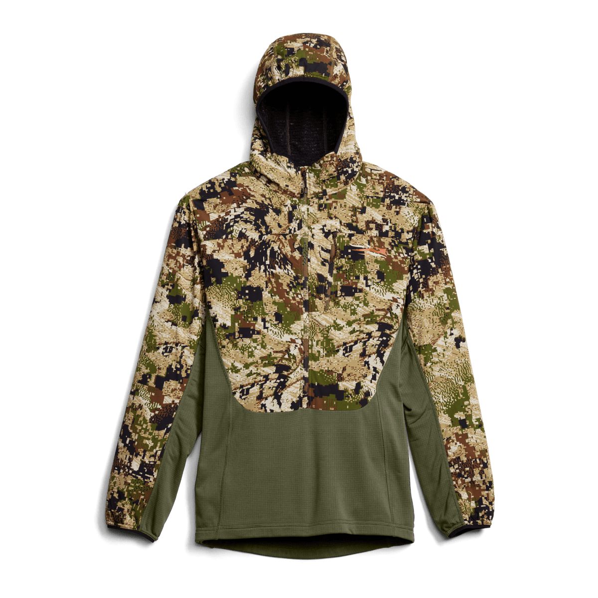 Camo and olive two-tone hoodie with hood, full-zip, and front pocket panel