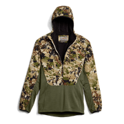 Front view hoodie with hood; camouflage jacket top and olive bottom panel