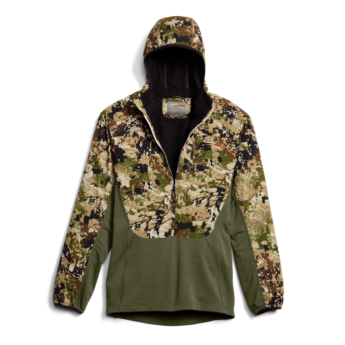 Front view hoodie with hood; camouflage jacket top and olive bottom panel