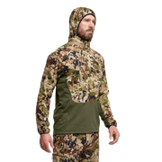 Camo hoodie with hood, full-zip, and olive contrast pocket panel, front view