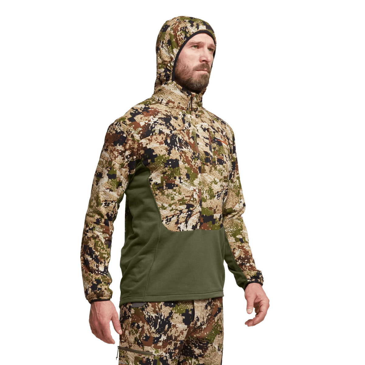 Camo hoodie with hood, full-zip, and olive contrast pocket panel, front view