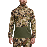 Camouflage hooded half-zip hoodie with green panel and front zipper