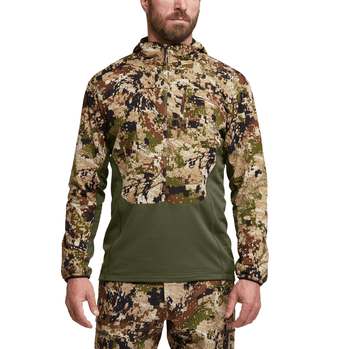 Camouflage hooded half-zip hoodie with green panel and front zipper