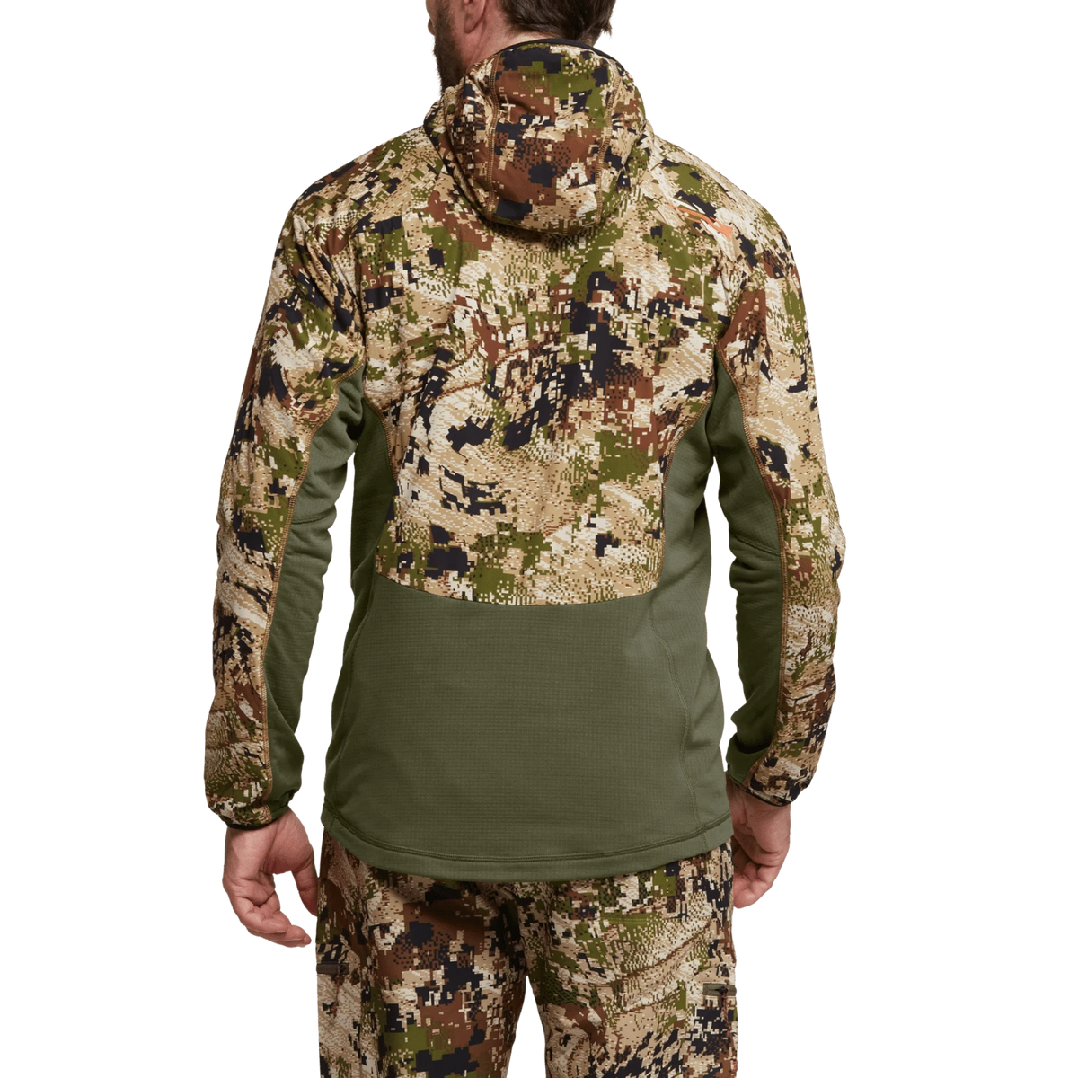 Back view of camo-printed hoodie with olive contrast pocket panel and hood