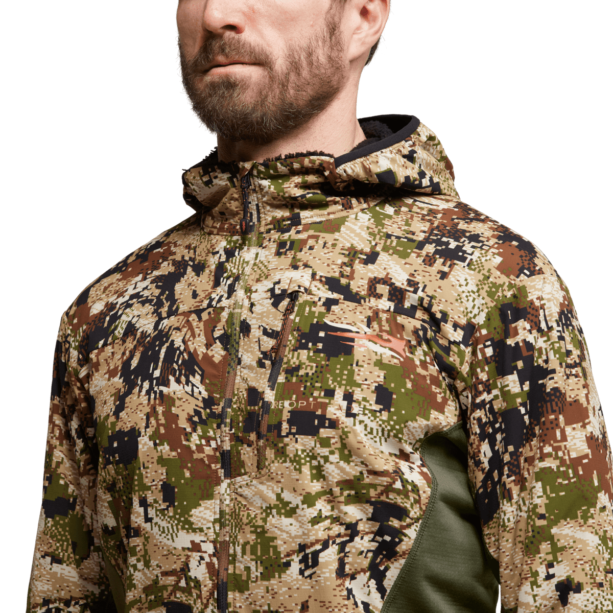 Camouflage hooded half-zip pullover with high collar and front zipper