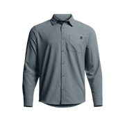 Long-sleeve button-up shirt in blue-gray with chest pocket and front buttons