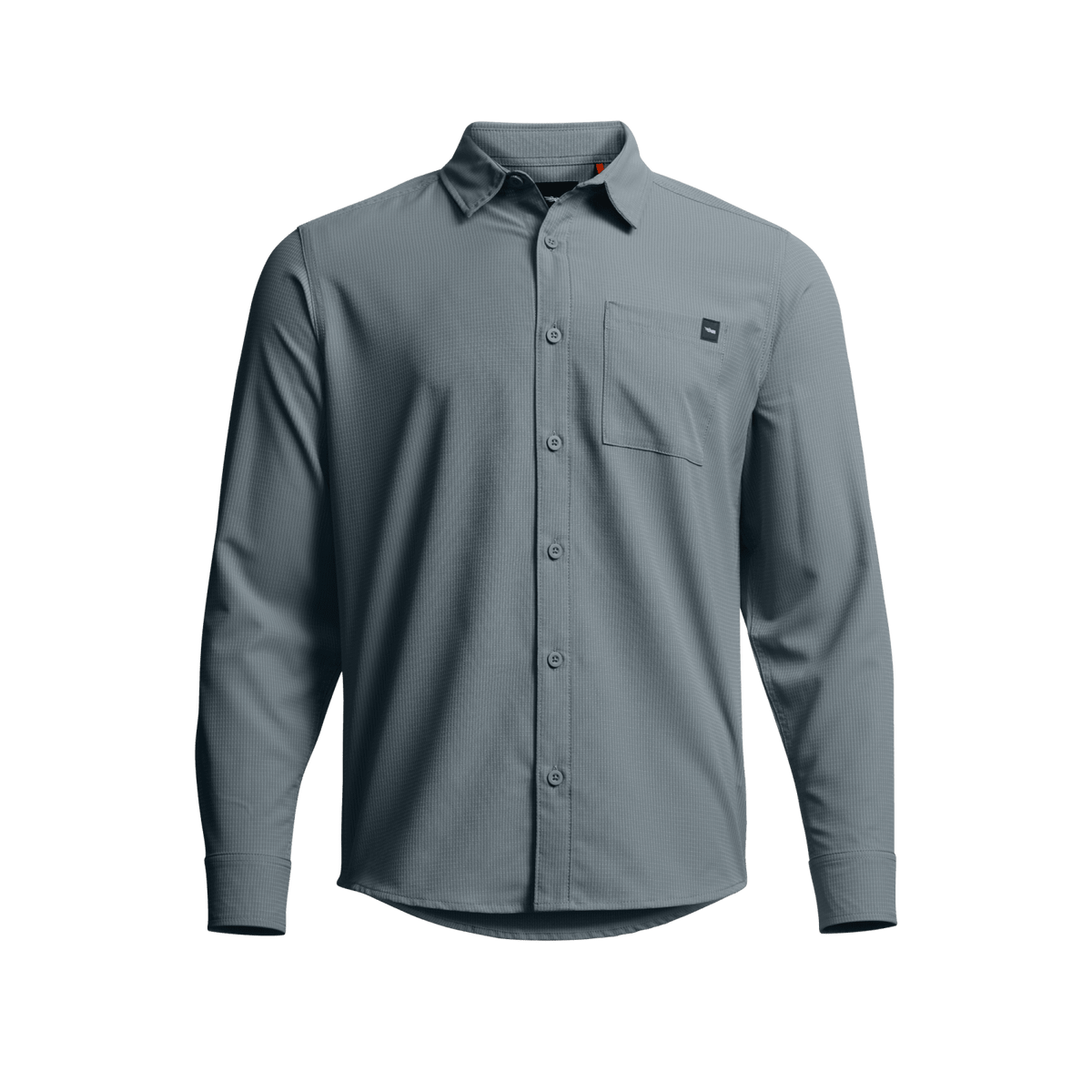 Long-sleeve button-up shirt in blue-gray with chest pocket and front buttons