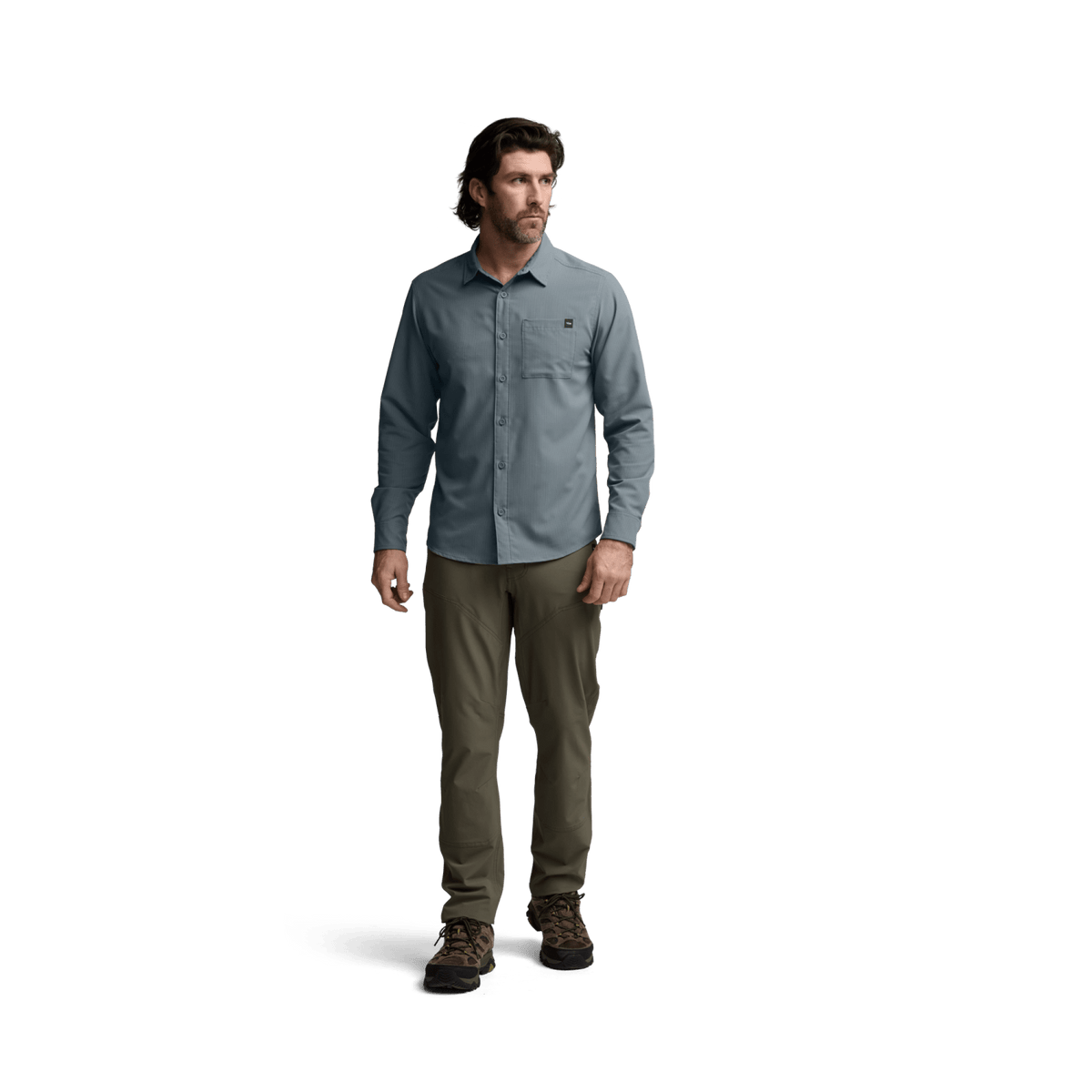 Mens Bluestone blue long-sleeve button-up shirt, standing full-body view with chest pocket