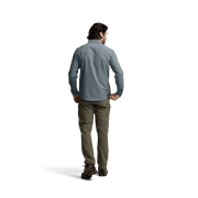Men's long-sleeve shirt in bluestone blue, back view with buttoned yoke