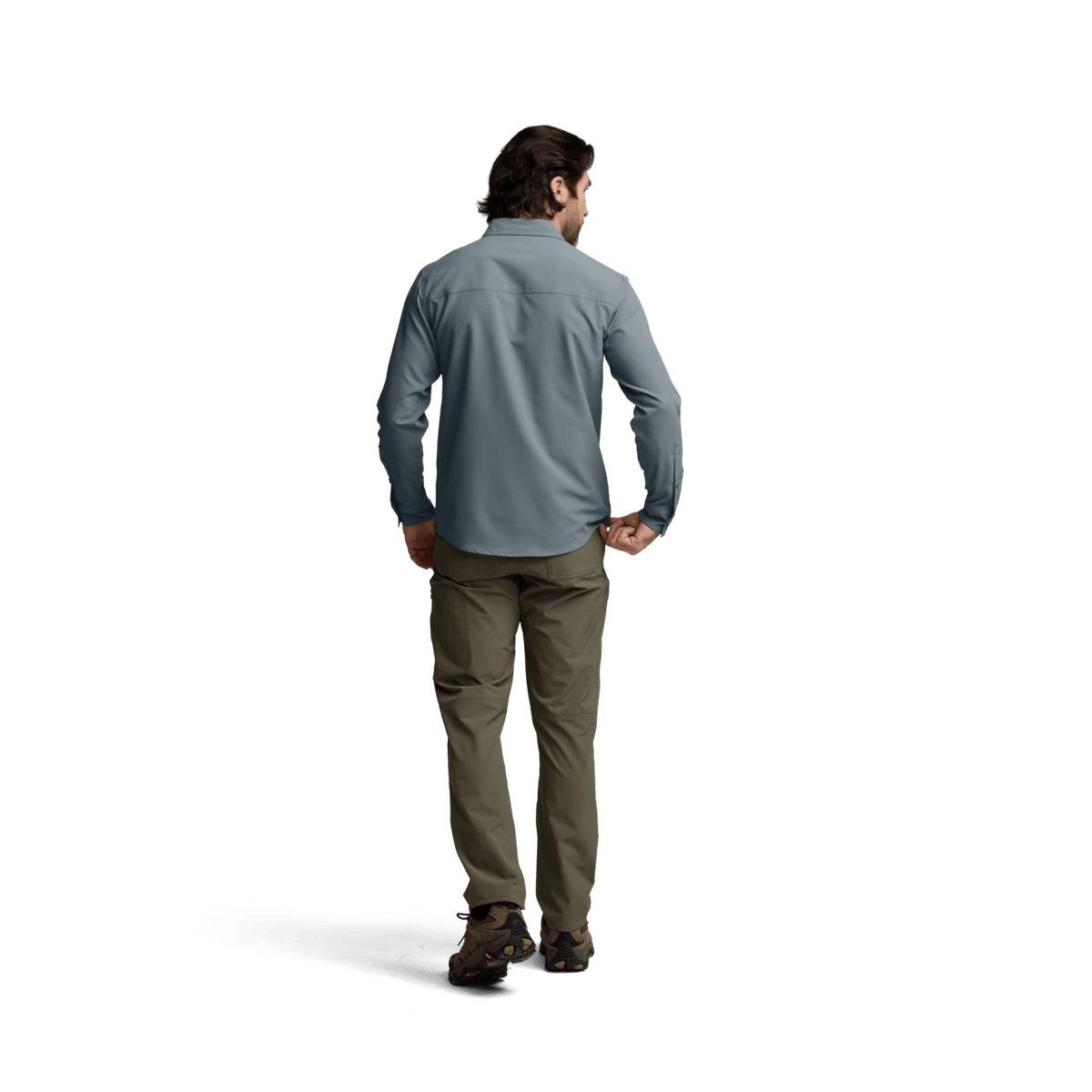 Men's long-sleeve shirt in bluestone blue, back view with buttoned yoke