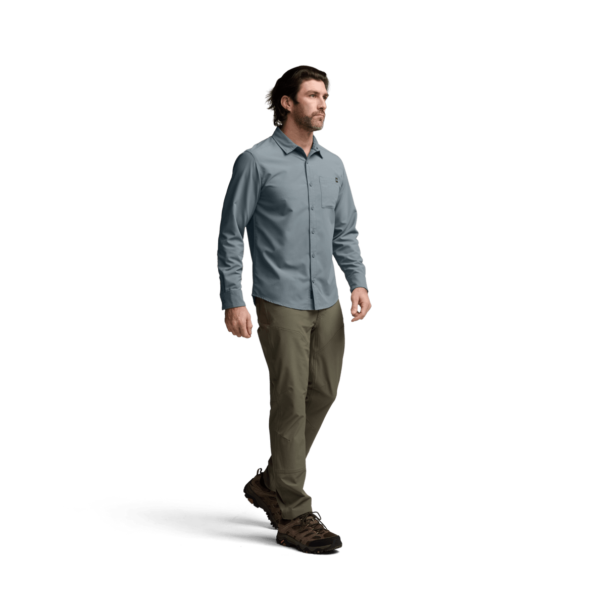 Mens Bluestone blue long-sleeve button-up shirt, side view with chest pocket and buttons