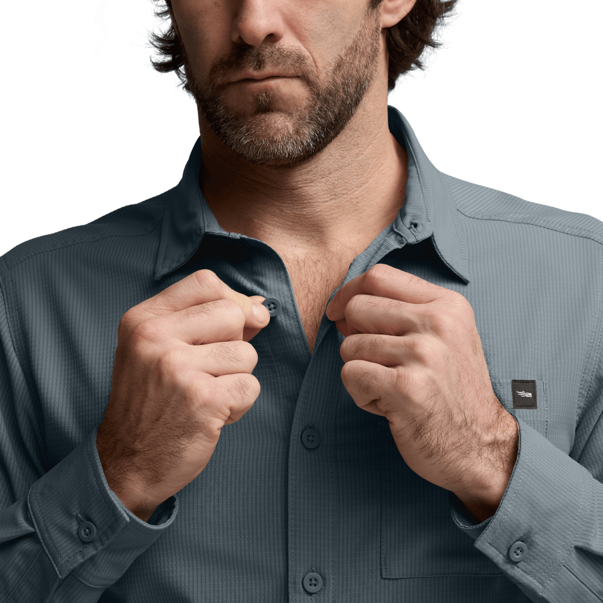 Blue-gray long-sleeve button-up shirt close-up at chest with collar and buttons