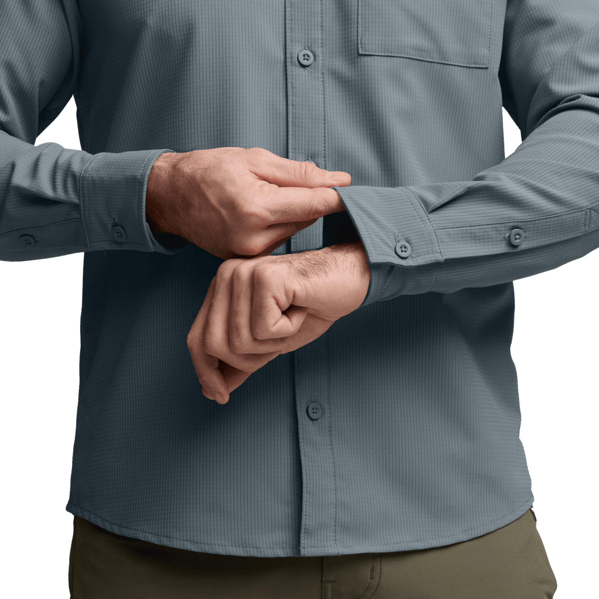 Bluestone blue long-sleeve button-up shirt close-up with buttons and chest pocket