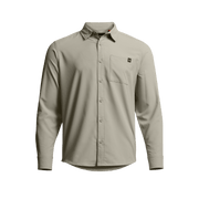 Men's long-sleeve shirt in oak tan, full front view with chest pocket