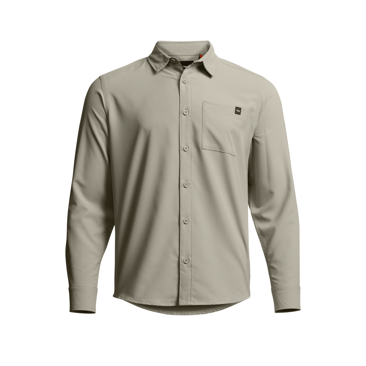 Men's long-sleeve shirt in oak tan, full front view with chest pocket