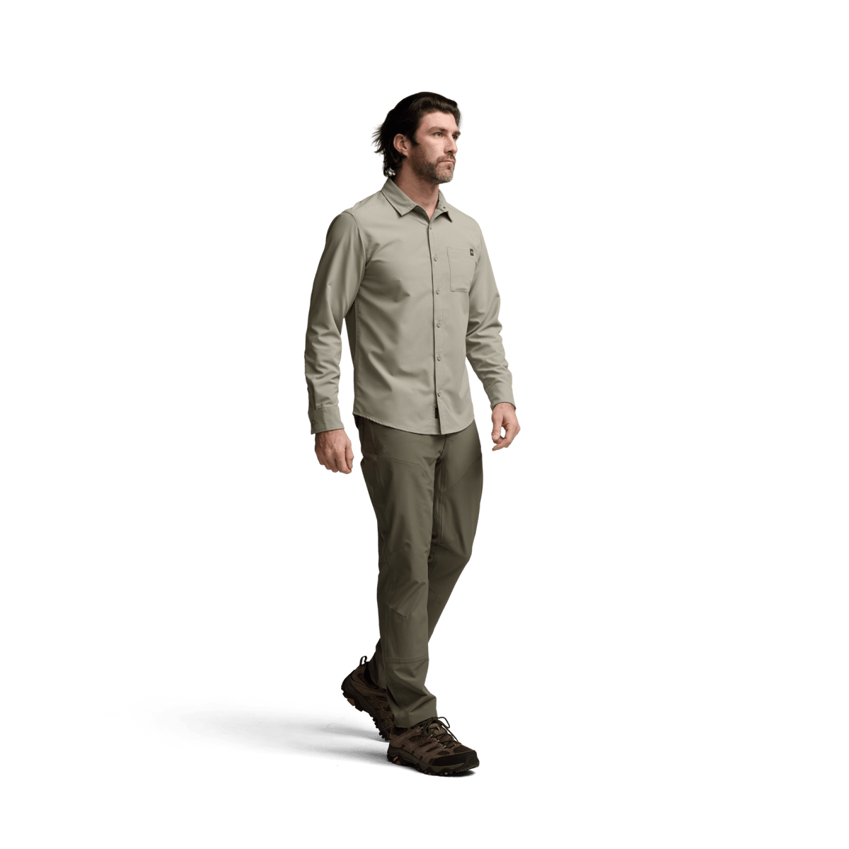 Mens Oak tan long-sleeve button-up shirt, standing side view with chest pocket