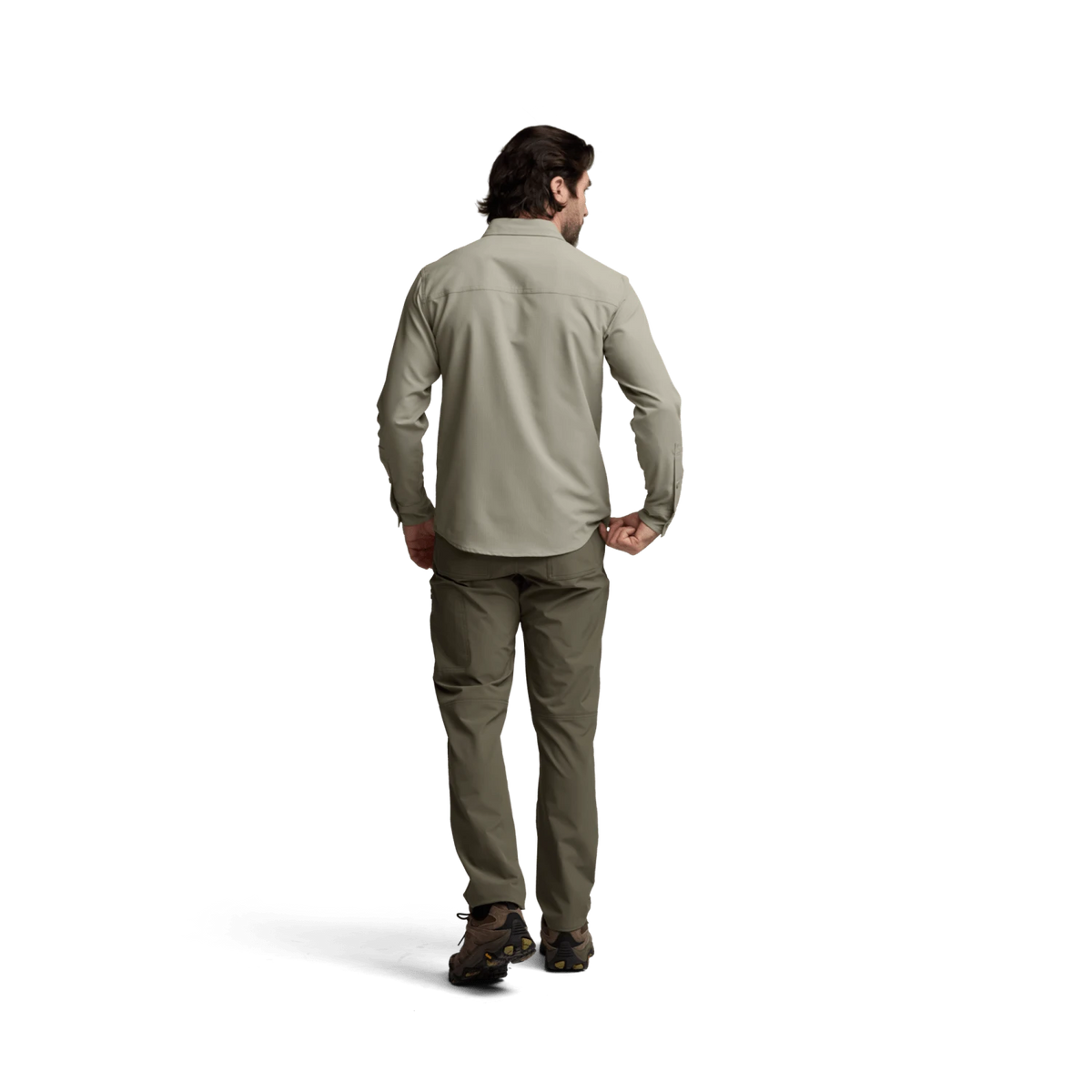 Back view of light beige long-sleeve button-up shirt on a model