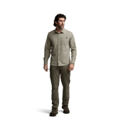Mens Bluestone blue long-sleeve button-up shirt, standing full-body view with chest pocket
