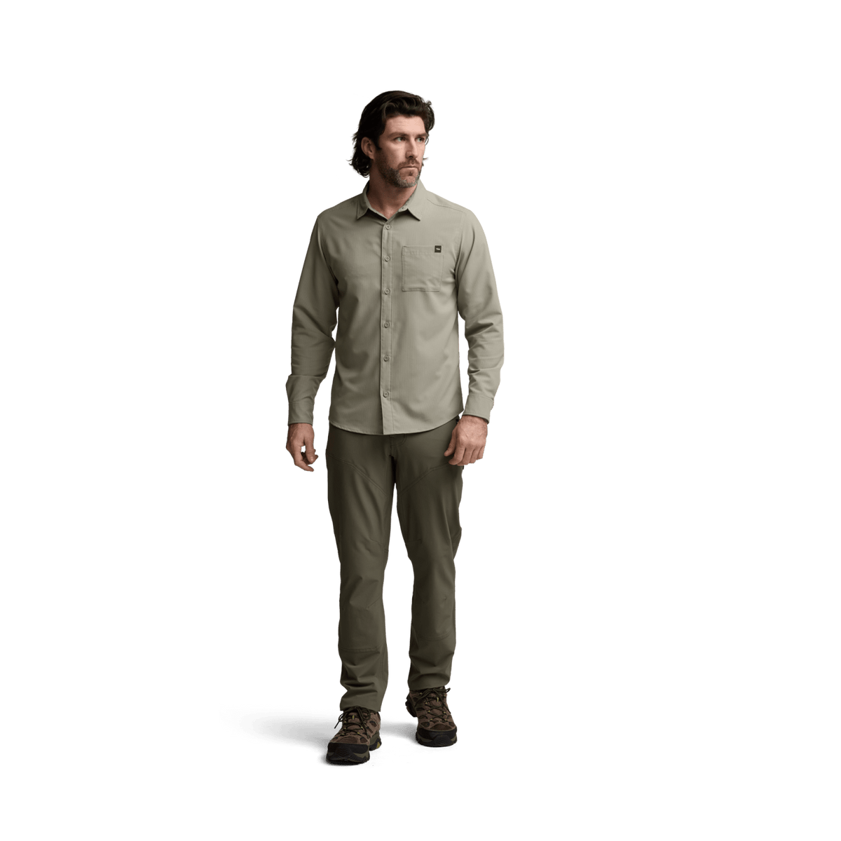 Mens Bluestone blue long-sleeve button-up shirt, standing full-body view with chest pocket